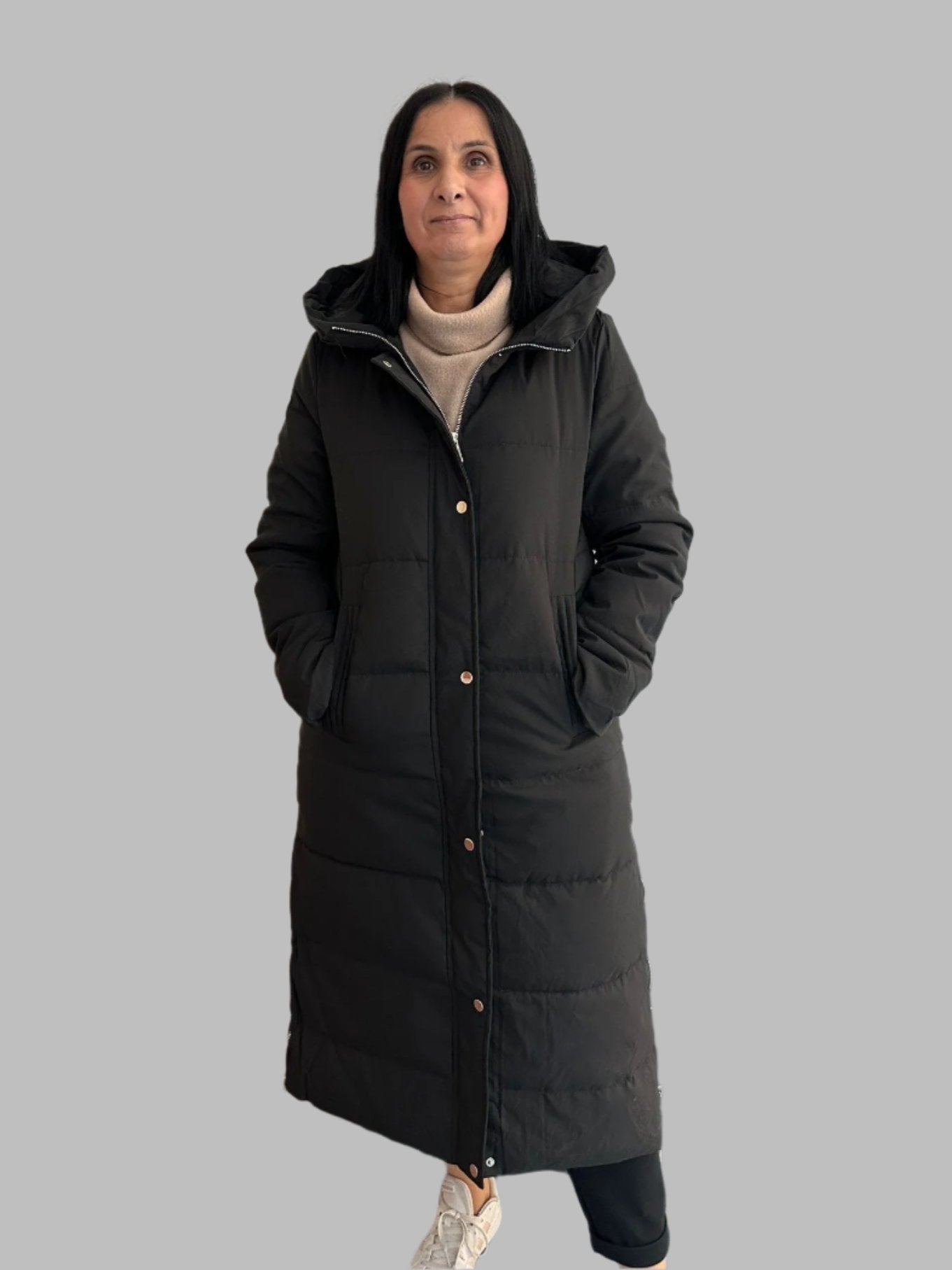 Faux Leather Black Maxi Puffer Jacket With Zip Detail