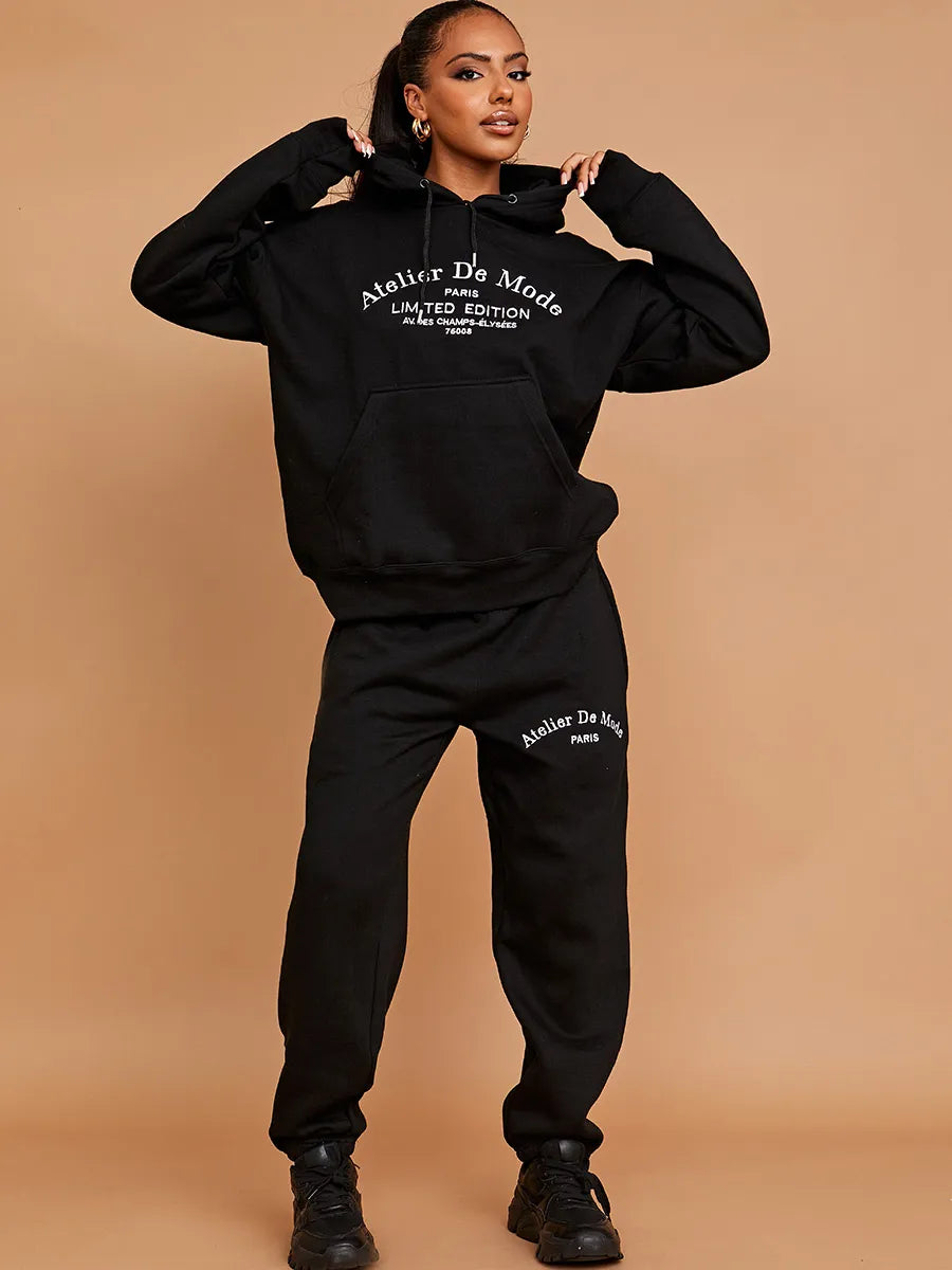 Black Embroidered Atelier De Mode Hooded Fleece Co-ord