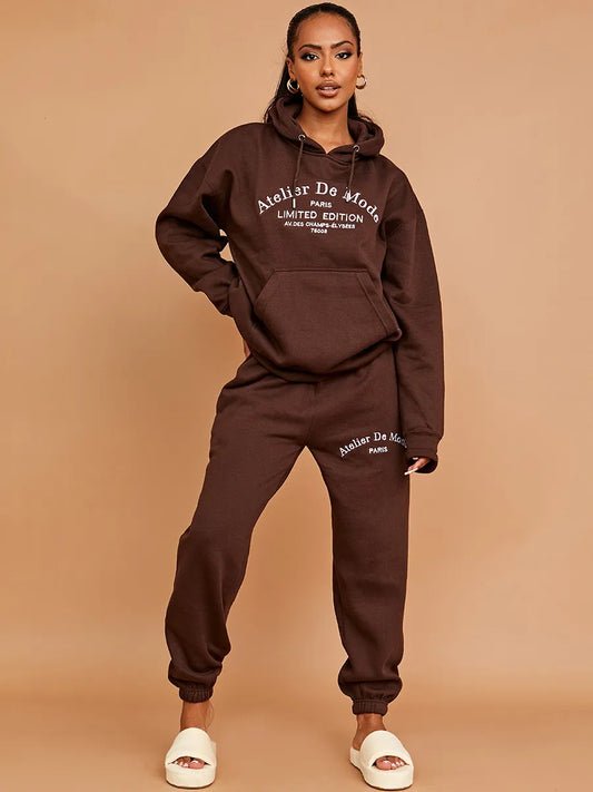 Brown Embroidered Atelier De Mode Hooded Fleece Co-ord