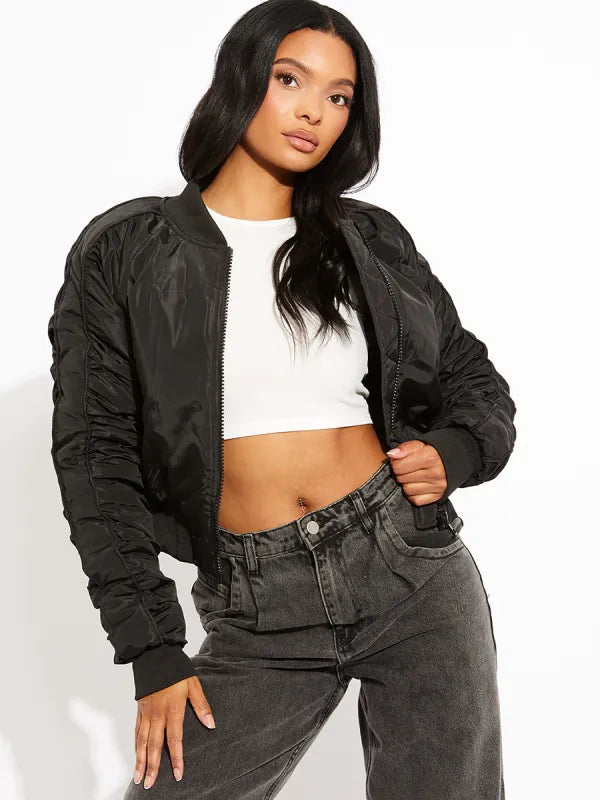 Black Ruched Sleeve Zipped Bomber Jacket