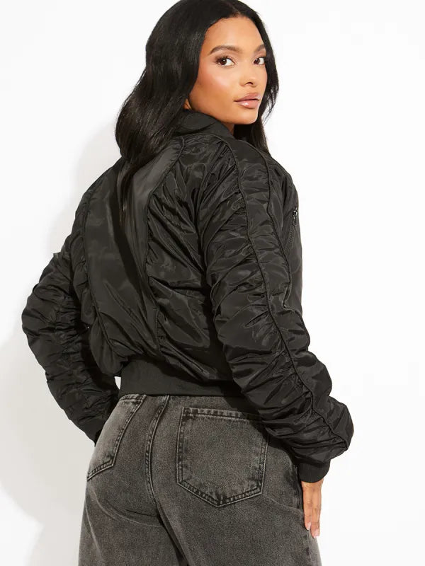 Black Ruched Sleeve Zipped Bomber Jacket