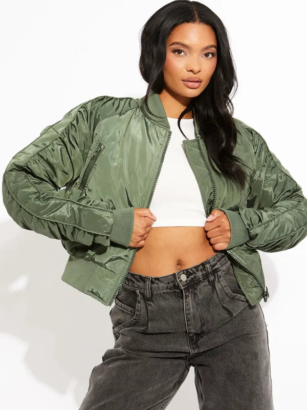 Olive Ruched Sleeve Zipped Bomber Jacket