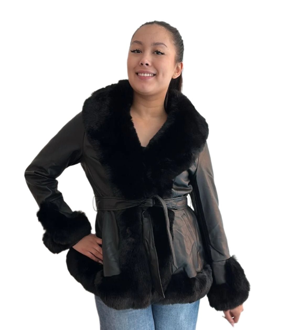 Mocha Faux Leather Jacket With Fur Trim And Belt