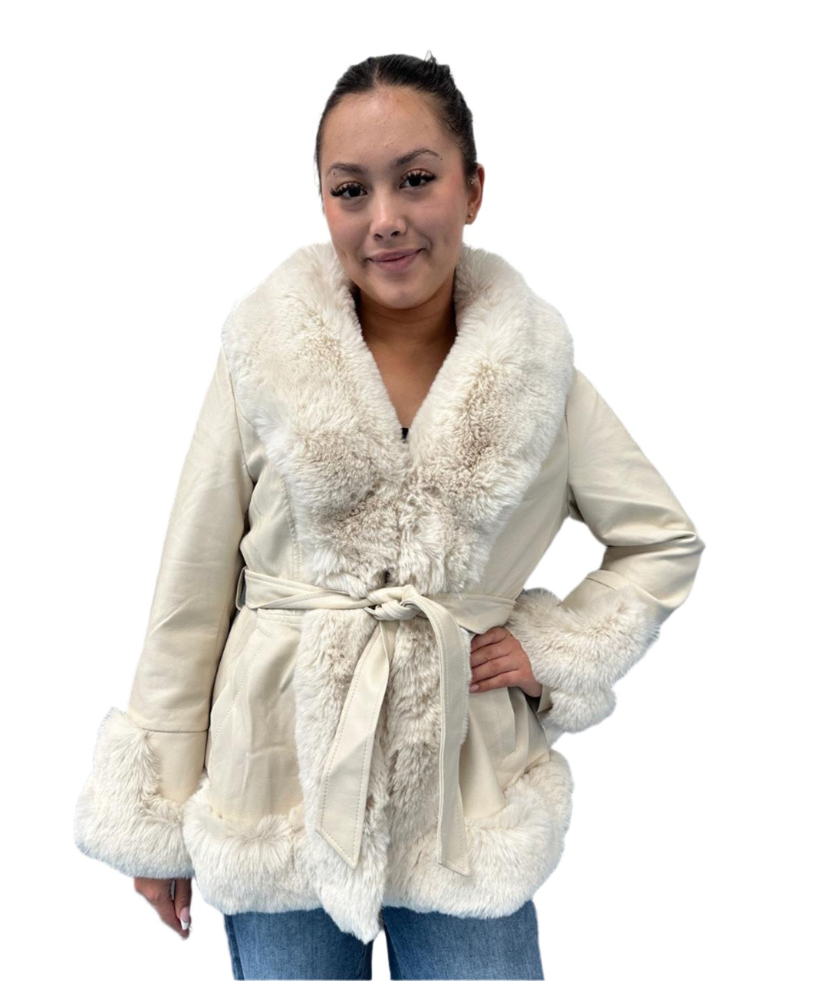 Mocha Faux Leather Jacket With Fur Trim And Belt