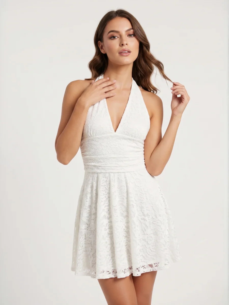 Lemon Halter Neck Lace Mini Dress
