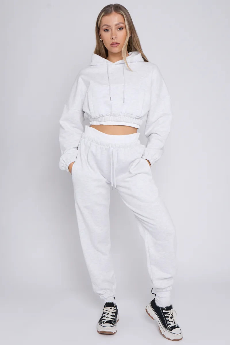 Slate Grey Fleece Cropped Hoodie and Joggers Co-Ord With White Rib Trim Detail