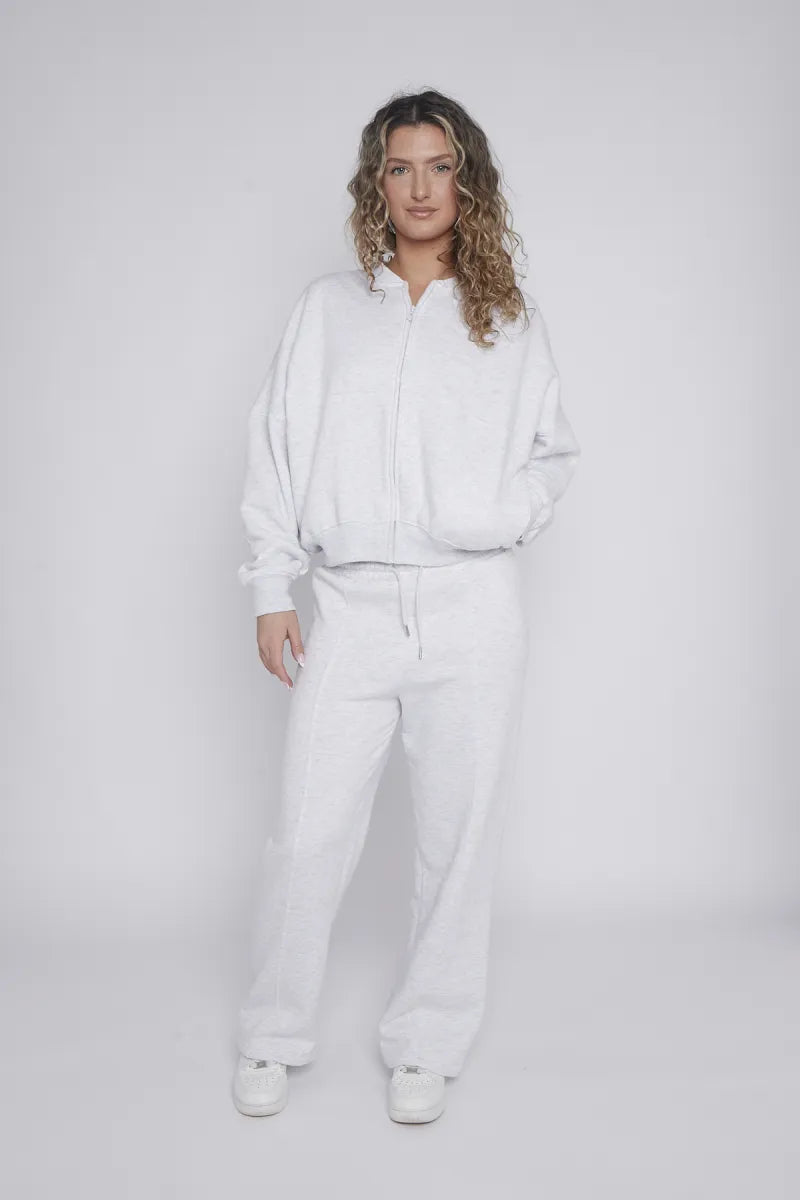 Light Grey Oversized Bomber Style Fleece Zipper Co-ord