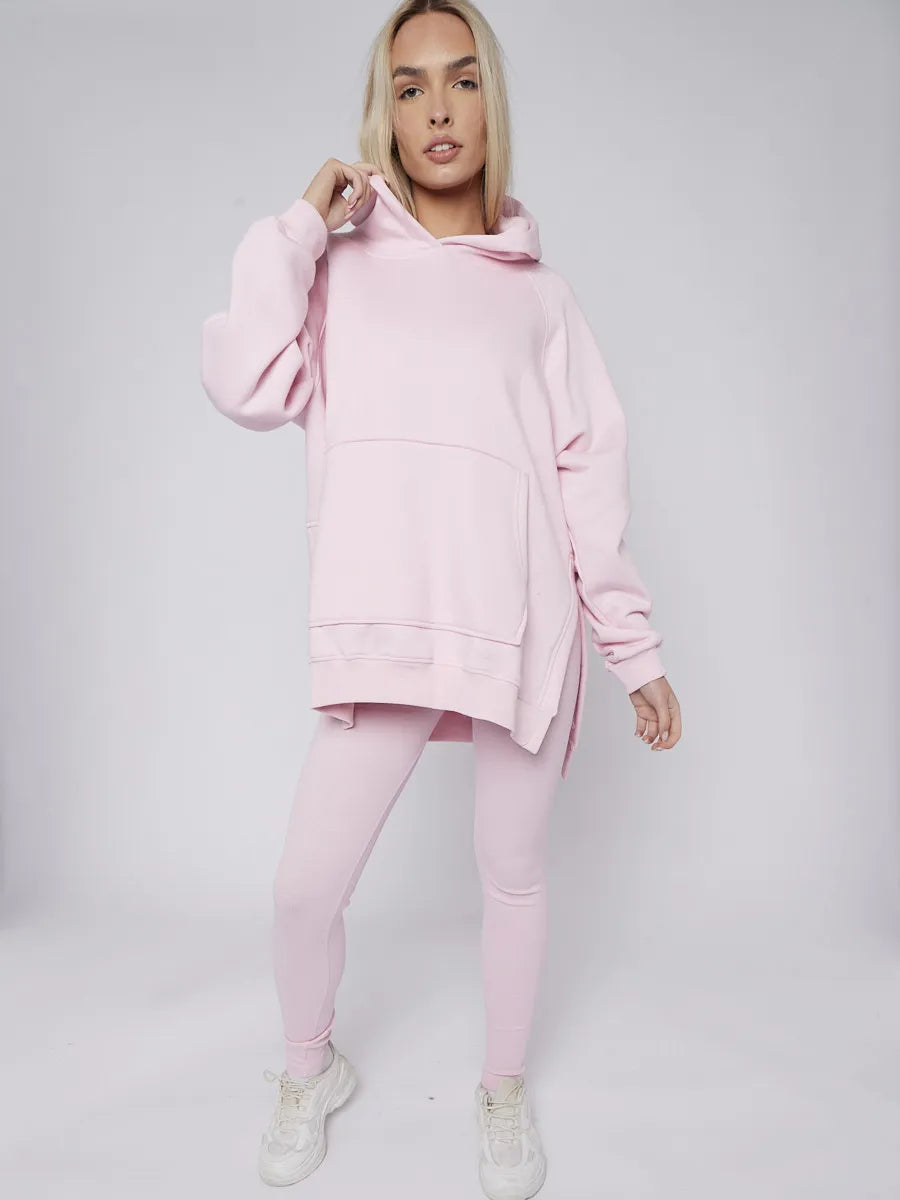 Pink Oversized Split Sides Hoodie & Ribbed Leggings Co-ord