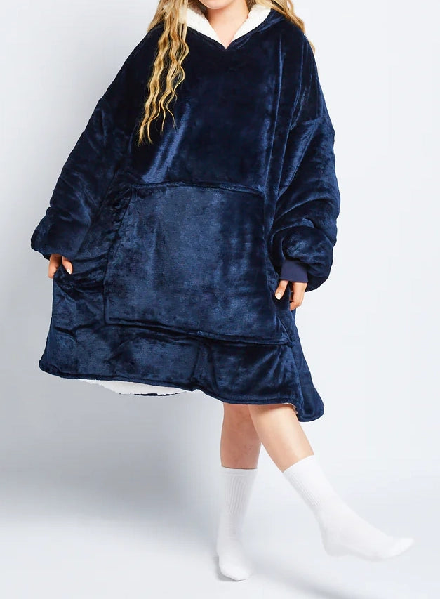 Navy Sherpa Lined Fleece Hoodie Blanket