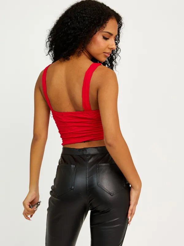 Black Pleated Chain Detail Crop Top