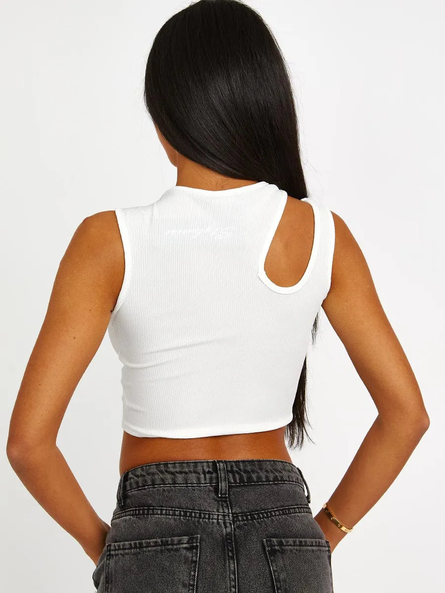 White Ribbed Cut Out Shoulder Crop Top