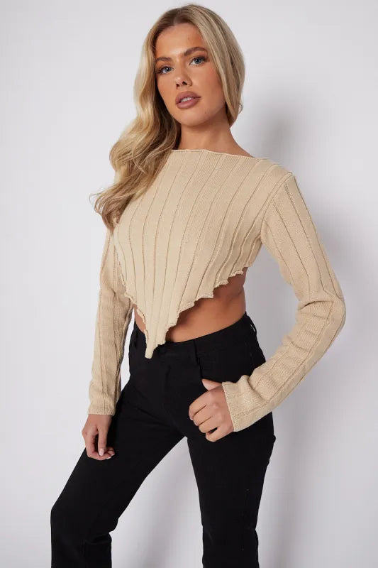 Beige Long Sleeves Asymmetric Hem Ribbed Knitted Crop Top