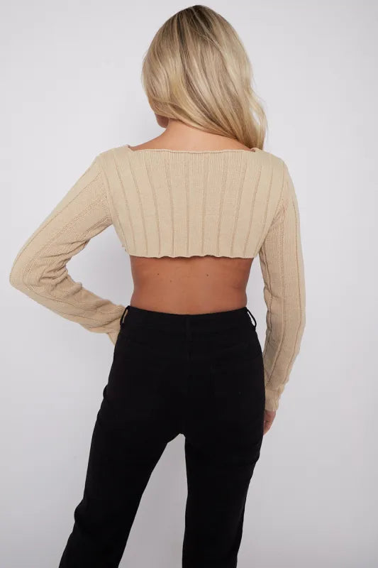 Beige Long Sleeves Asymmetric Hem Ribbed Knitted Crop Top