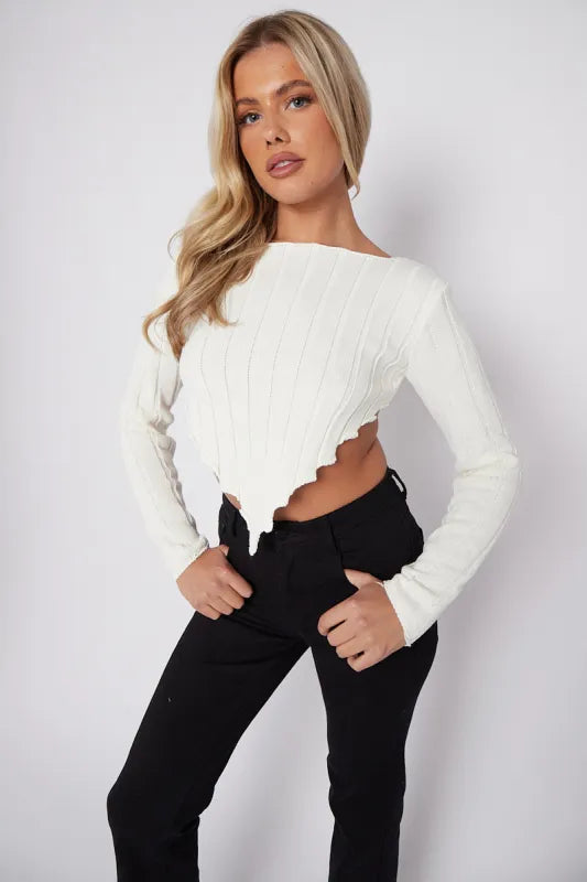 Beige Long Sleeves Asymmetric Hem Ribbed Knitted Crop Top