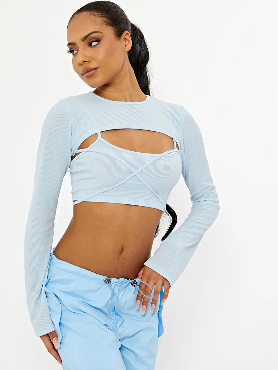 Baby Blue 2 Piece Tie Knot Ribbed Crop Top