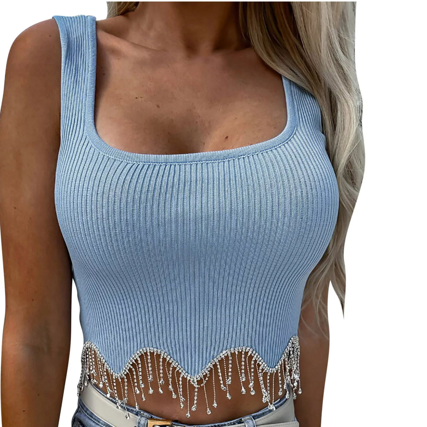 Baby Blue Rhinestone Tassel Trim Ribbed Crop Top