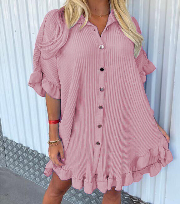 Fuchsia Gold Button Pleated Frill Swing Smock Mini Dress