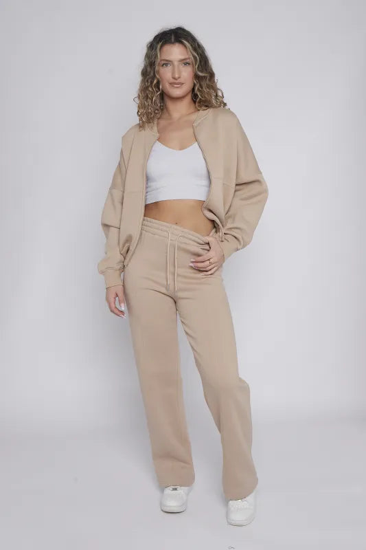 Light Grey Oversized Bomber Style Fleece Zipper Co-ord