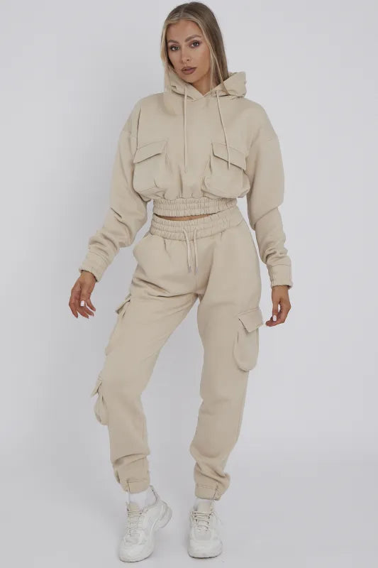 Beige Cargo Pockets Fleece Tracksuit