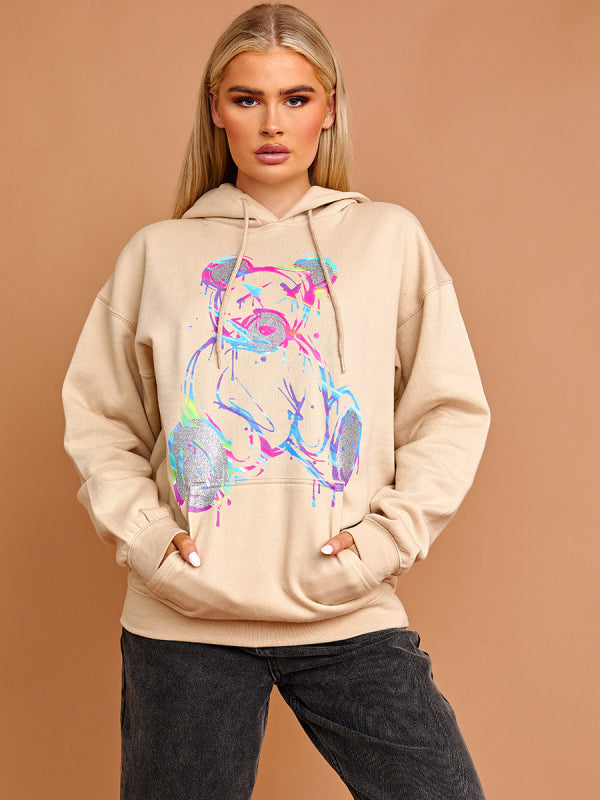 Stone Colour Drip Teddy Graphic Print Hoodie