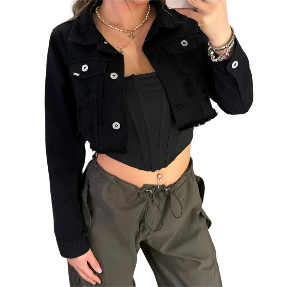 Cropped Distressed Denim Jacket