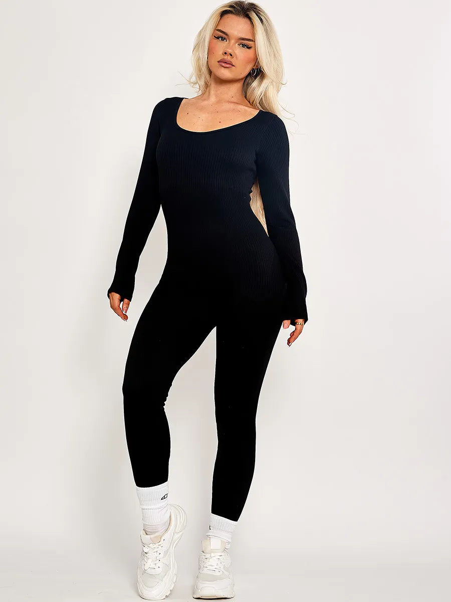 Black Long Sleeve Ribbed Basic Jumpsuit