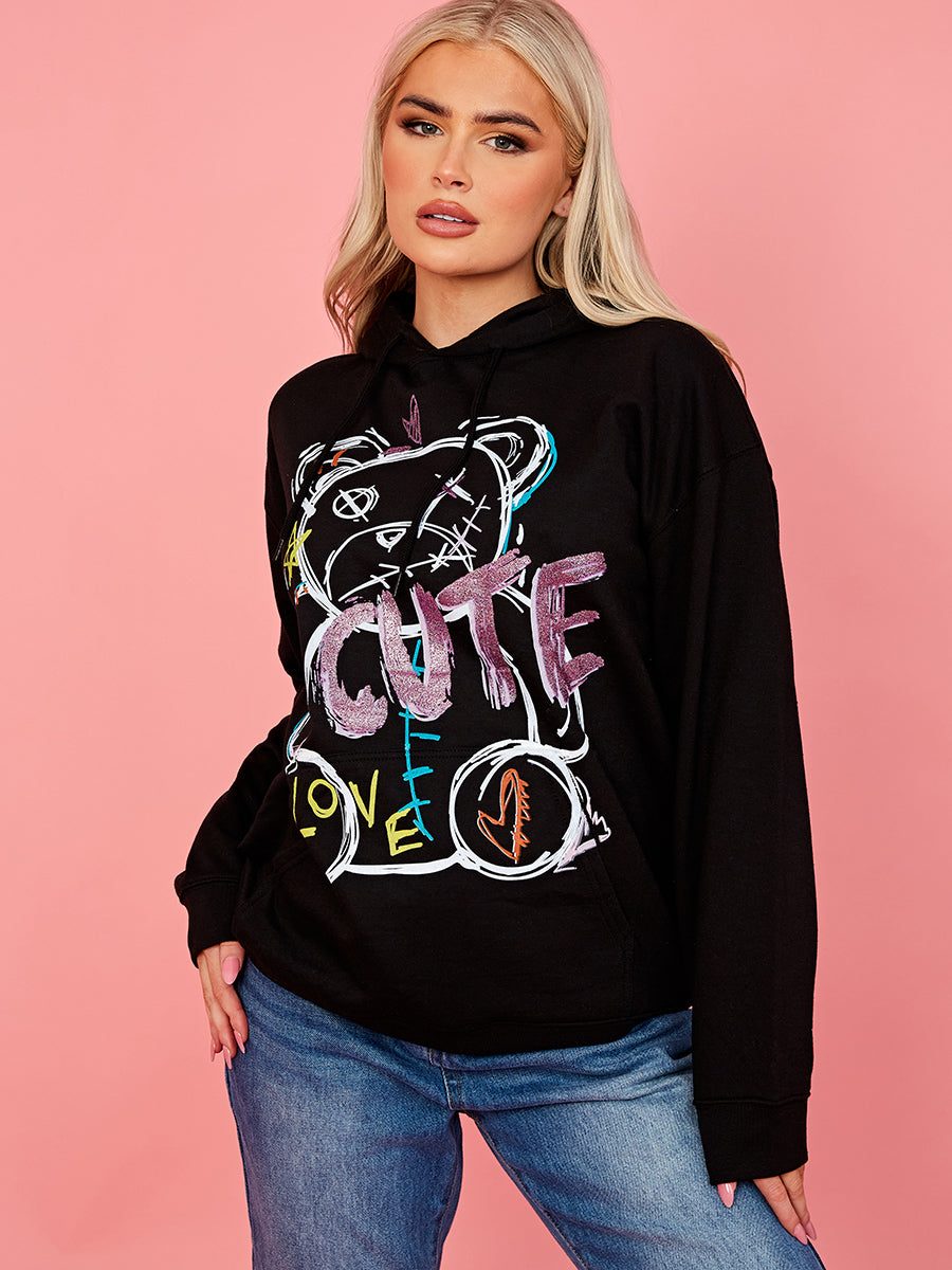 Pink Cute Teddy Graphic Print Hoodie