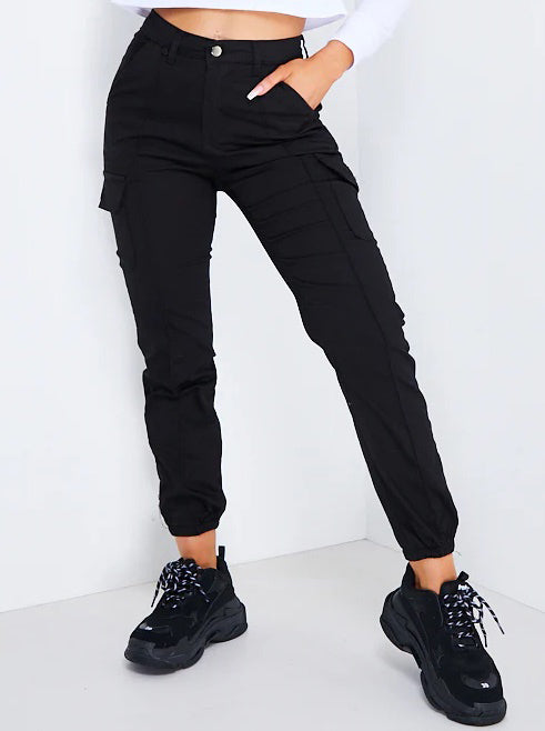 Black High Waisted Pocket Cargo Trousers