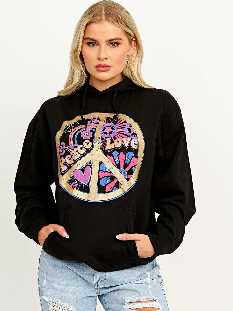 Beige Peace Love Graphic Print Hoodie