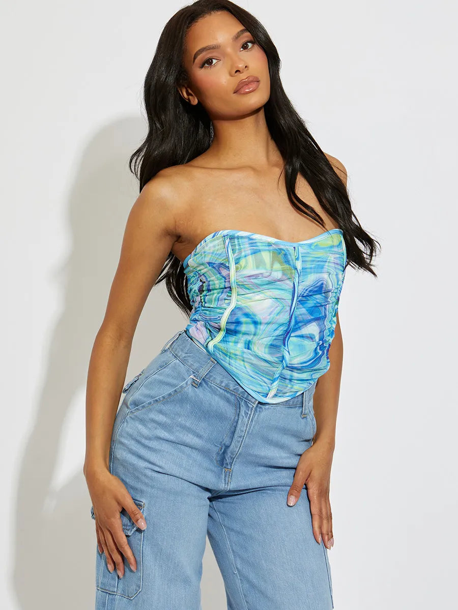 Blue Printed Ruched Mesh Bandeau Corset Crop Top