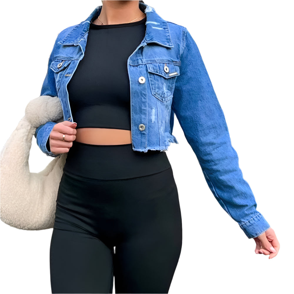 Cropped Distressed Denim Jacket