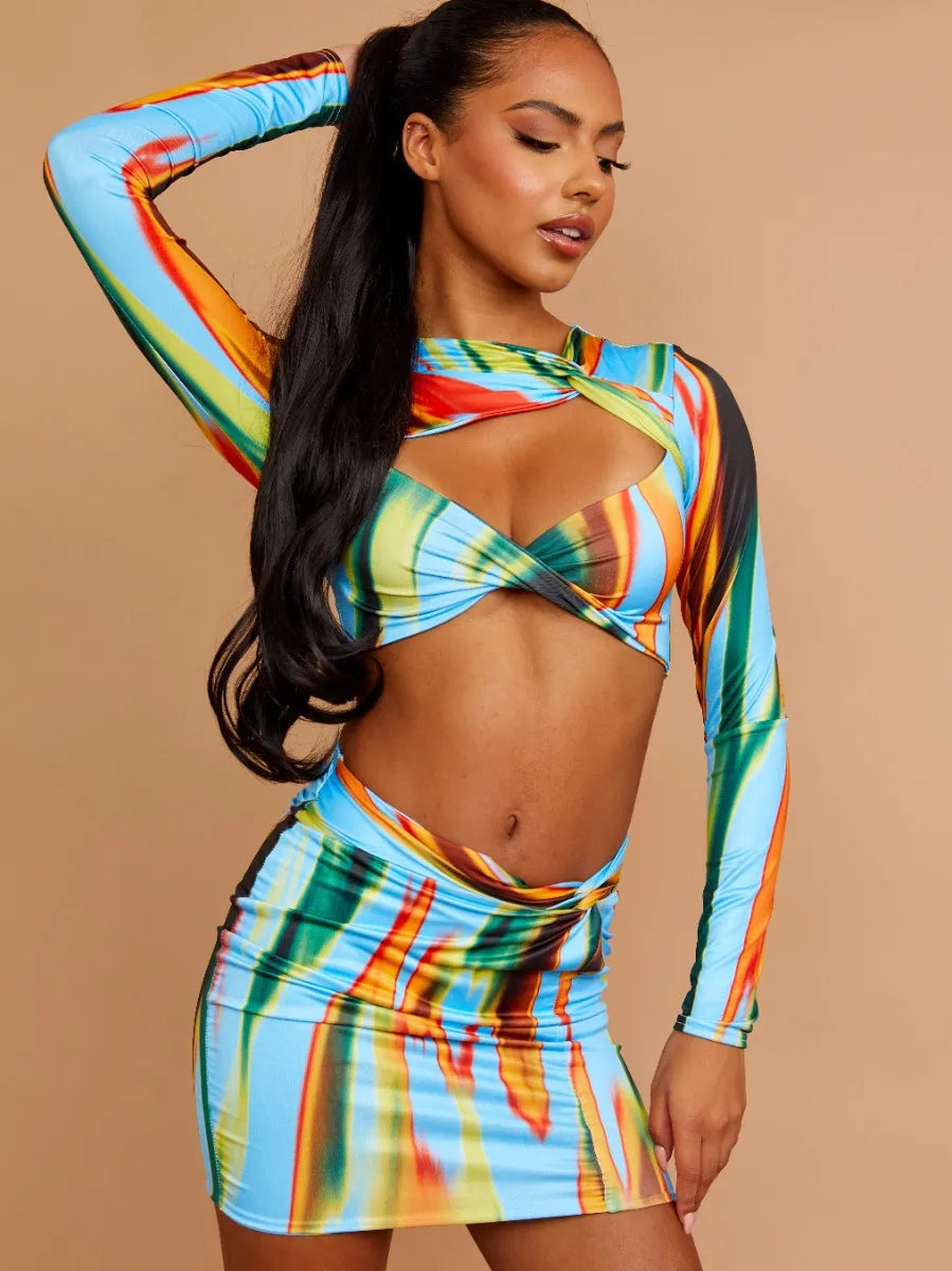 Blue Printed Cut Out Twist Front Crop Top & Skirt Co-ord