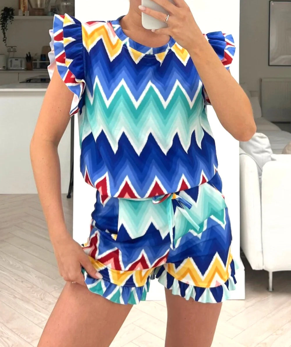 Blue Zigzag Frill Short Co-ord