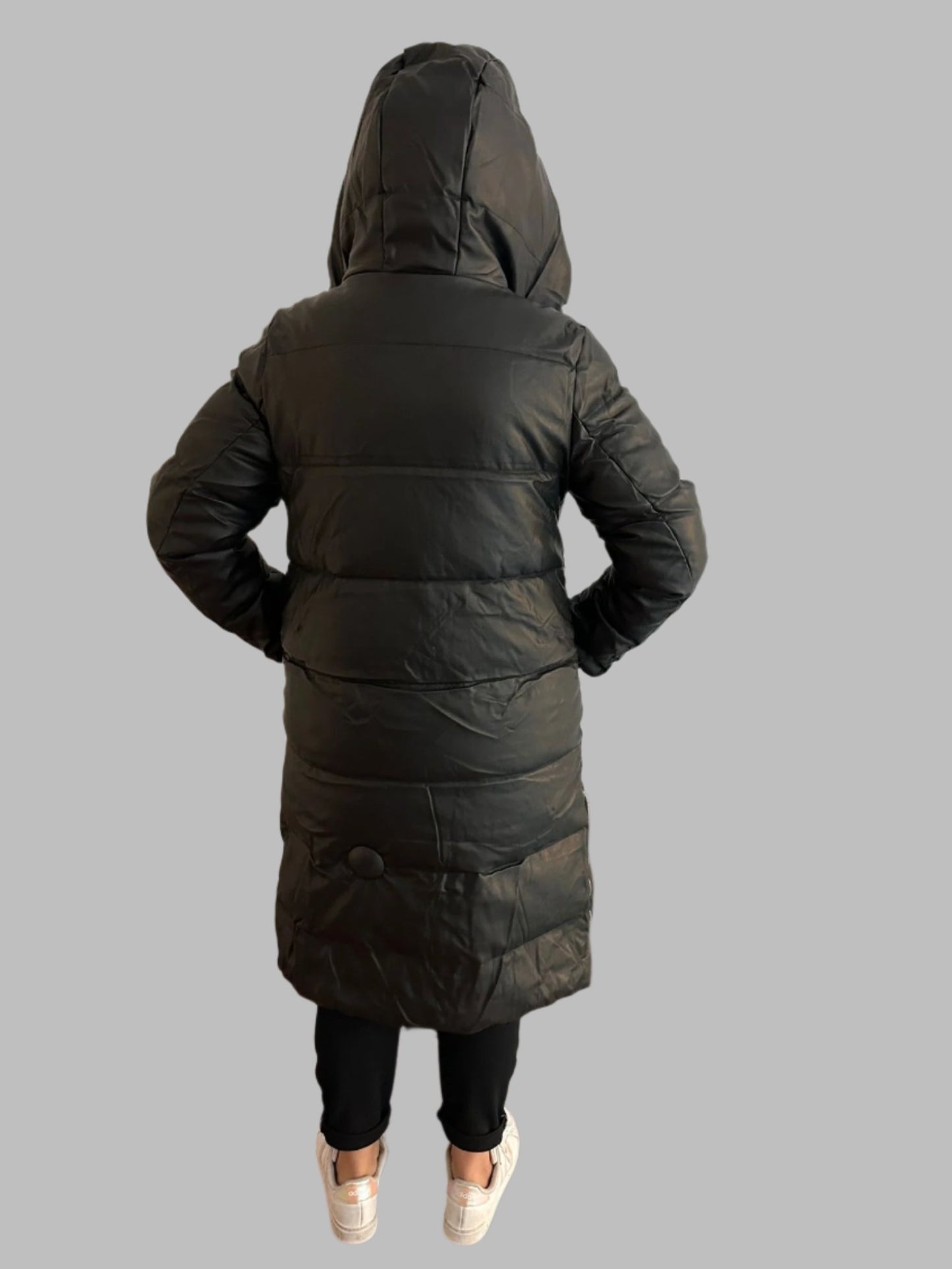 Faux Leather Black Maxi Puffer Jacket With Zip Detail