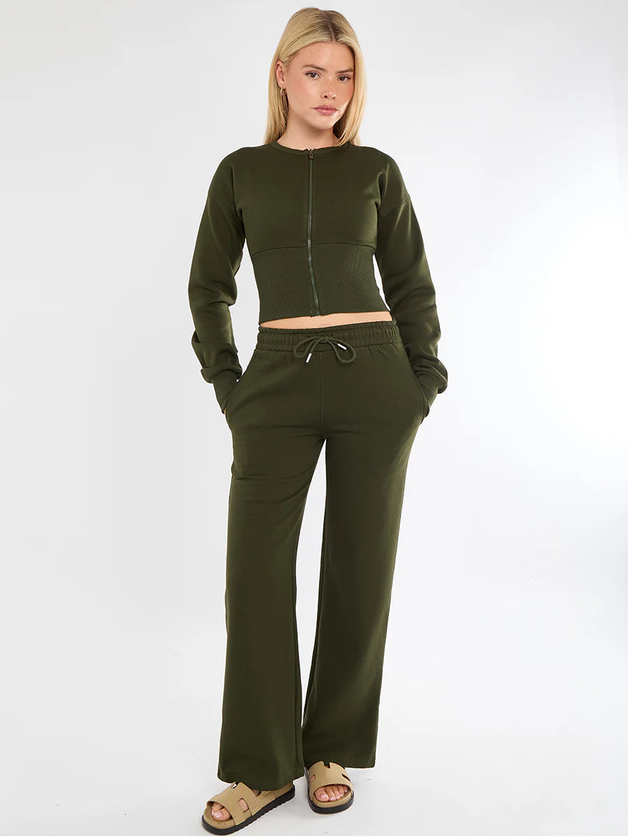 Wine Cropped Zip Up Sweatshirt & Wide Leg Trousers Co-Ord