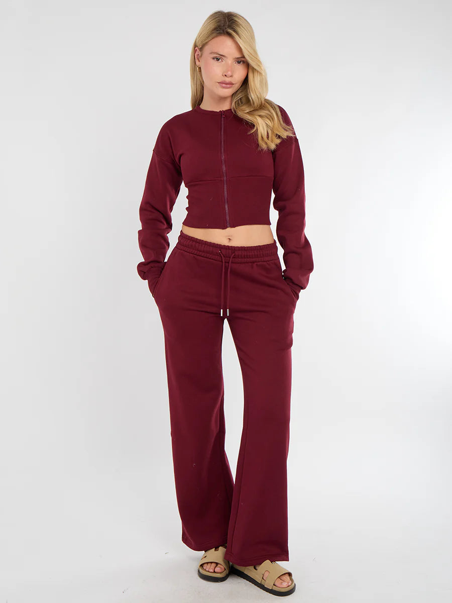 Red Cropped Zip Up Sweatshirt & Wide Leg Trousers Co-Ord