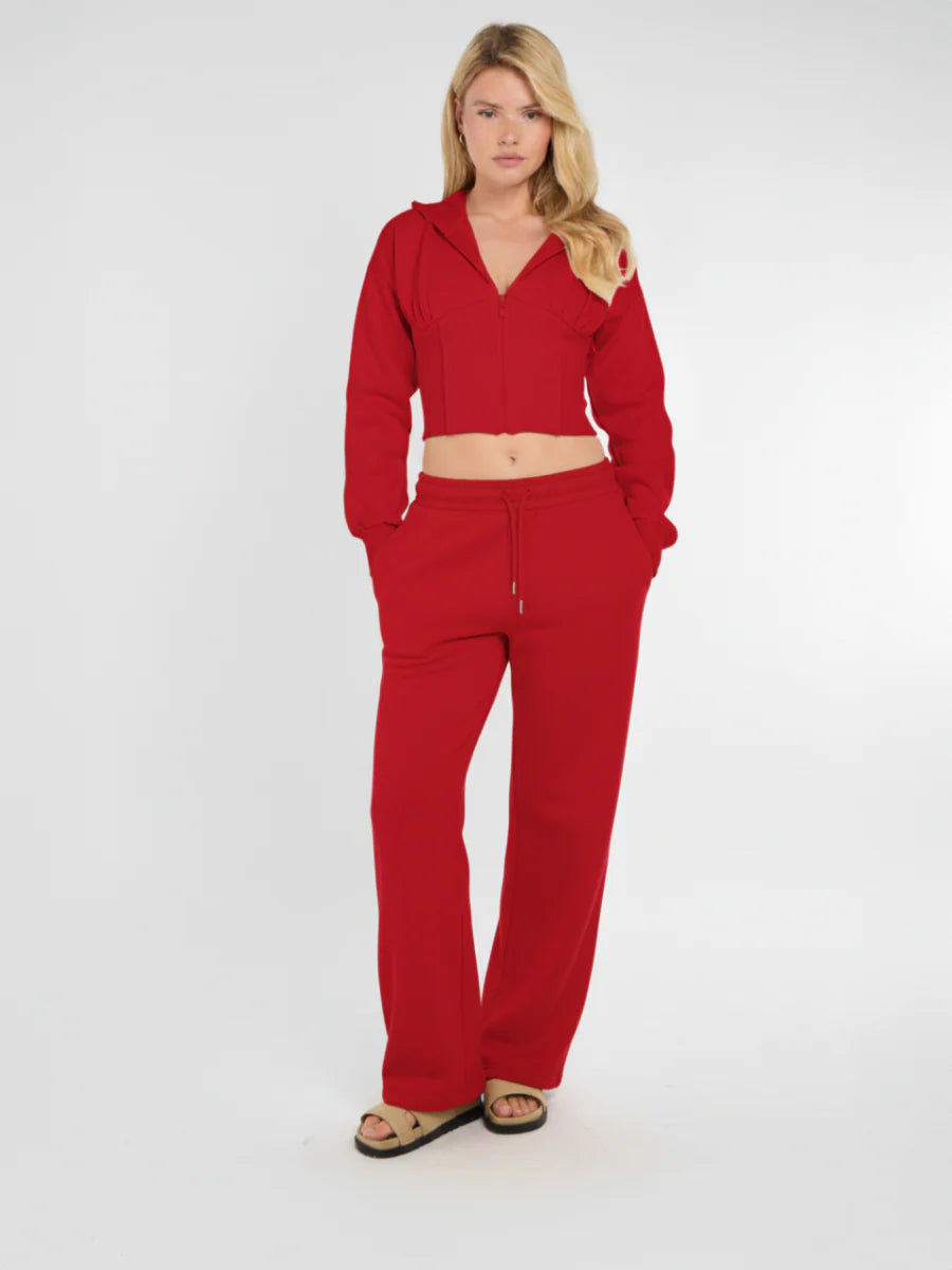 Navy Cropped Zip Up Hoodie & Wide Leg Trouser Co-Ord