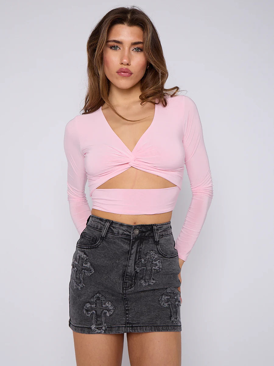 Crucifix Embroidered Denim Skirt