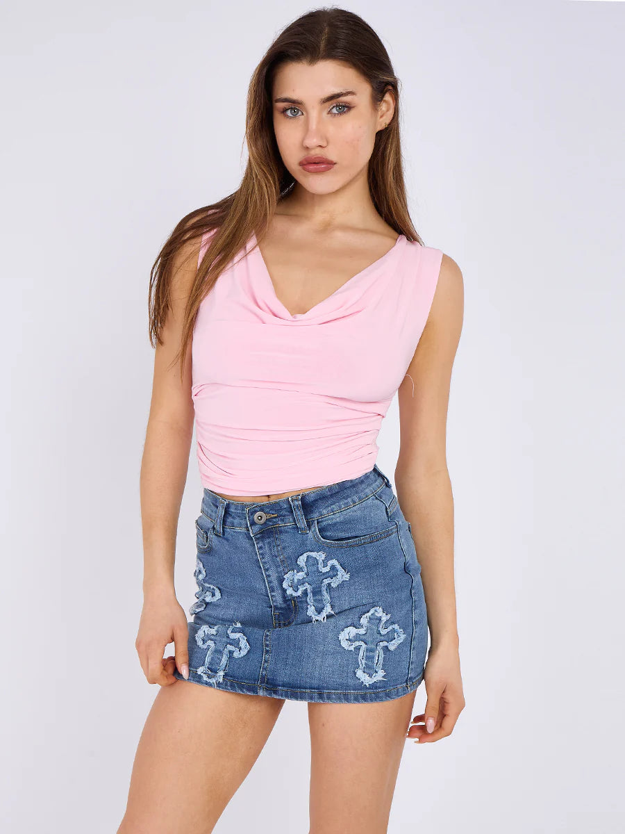 Crucifix Embroidered Denim Skirt
