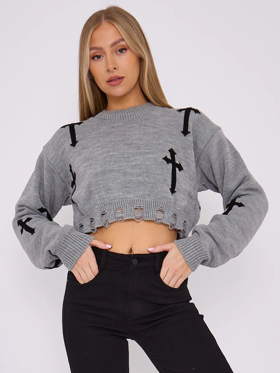 Beige Crucifix Knitted Cropped Jumper