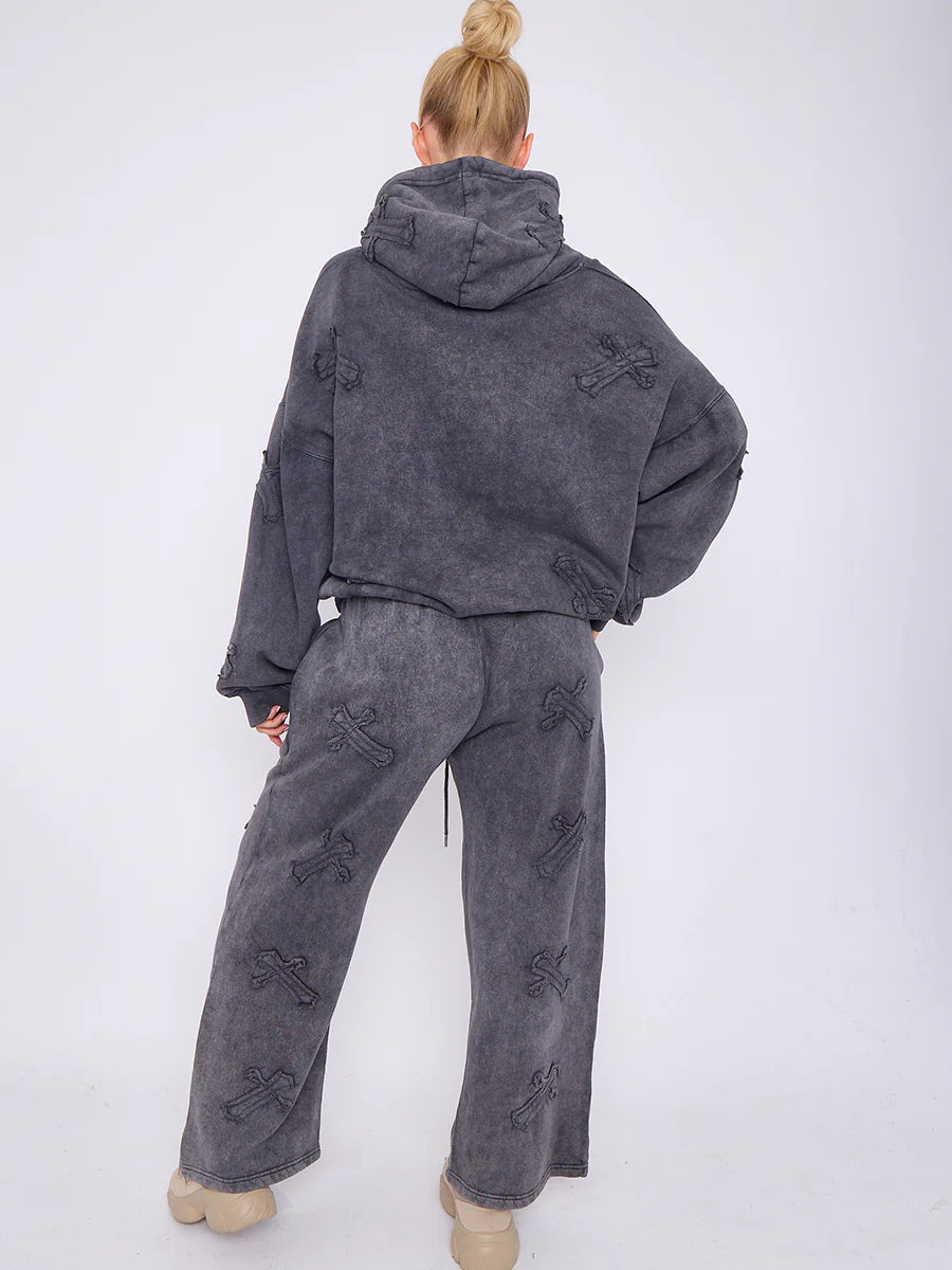 Acid Wash Wine Crucifix Embroidered Fleece Sweatshirt & Joggers Co-ord