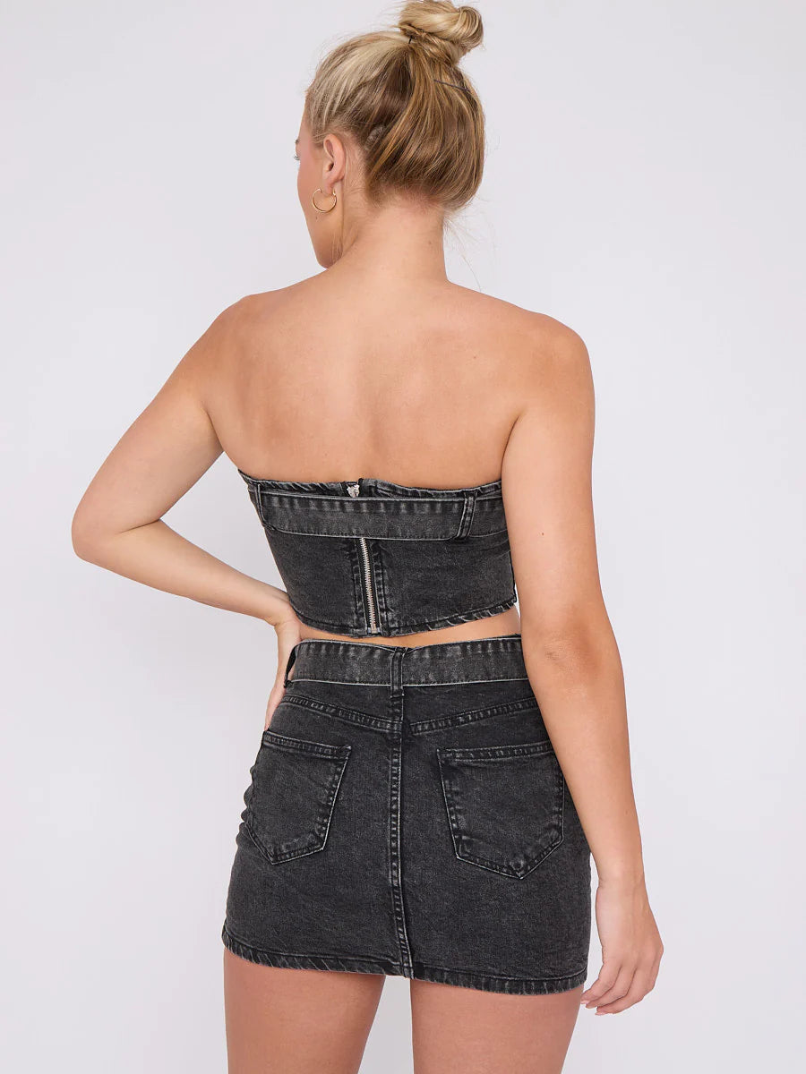 Belted Denim Bandeau Crop Top & Skirt Co-Ord