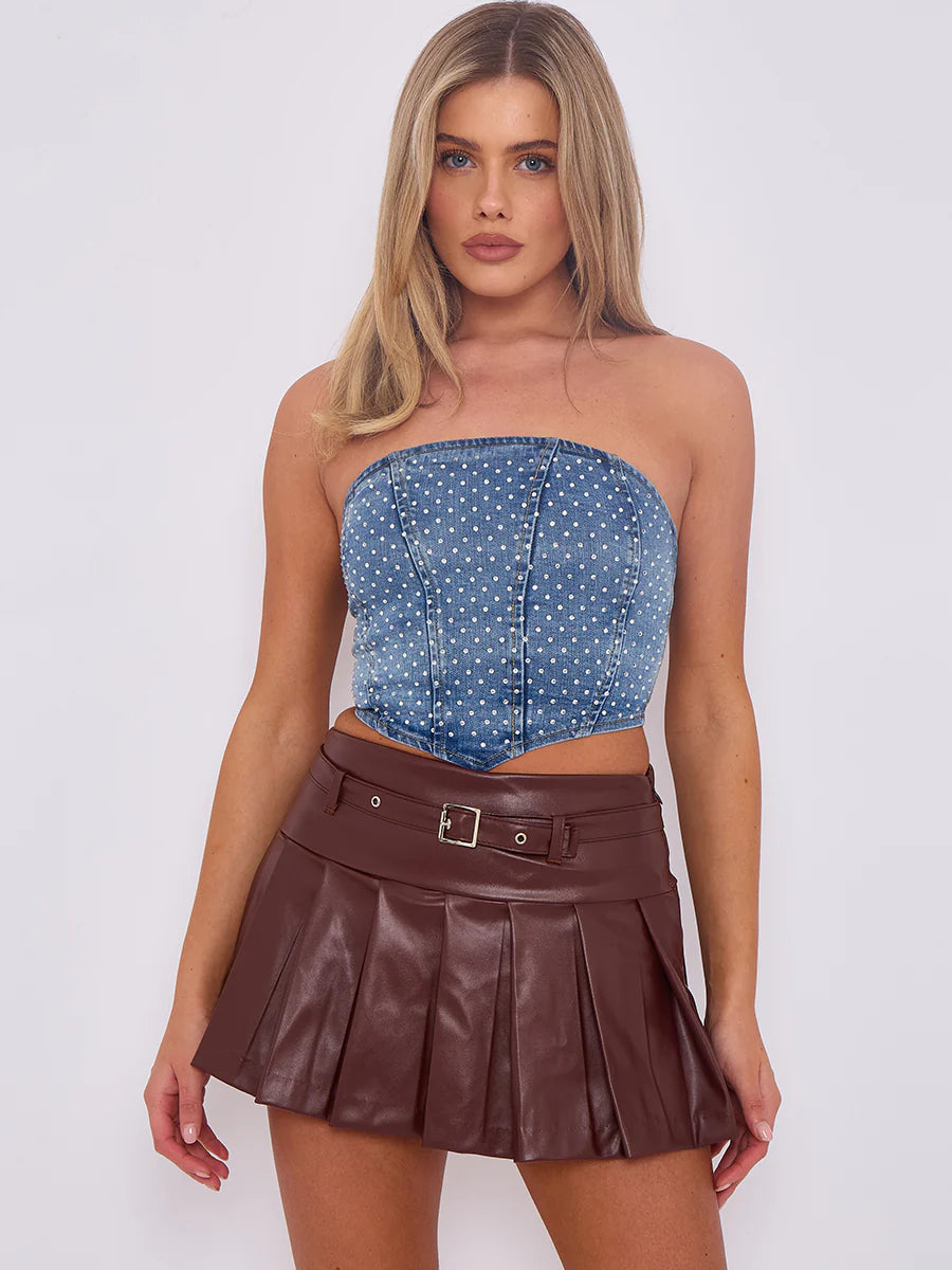 Black Diamante Studded Front Corset Style Bandeau Denim Crop Top