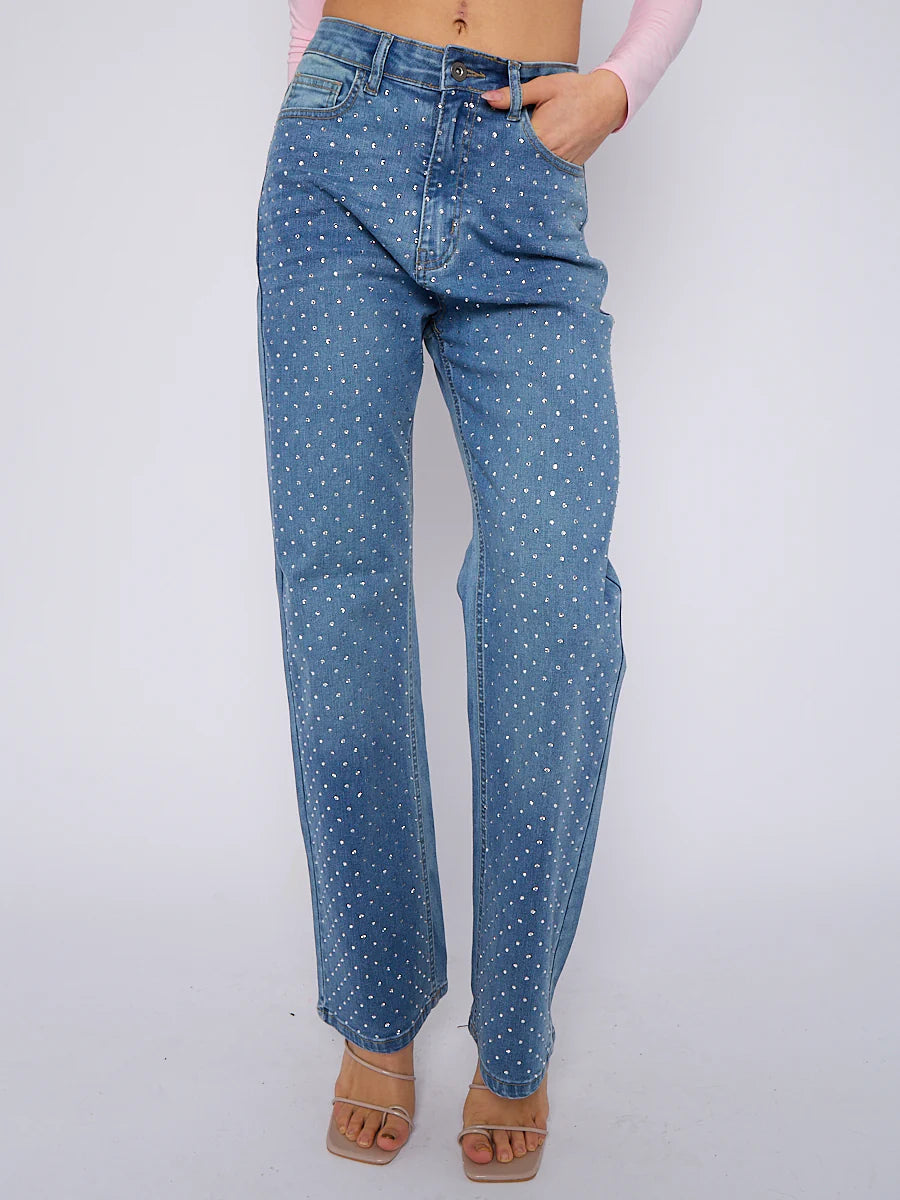 Black Diamante Studded Front Straight Leg Denim Jeans