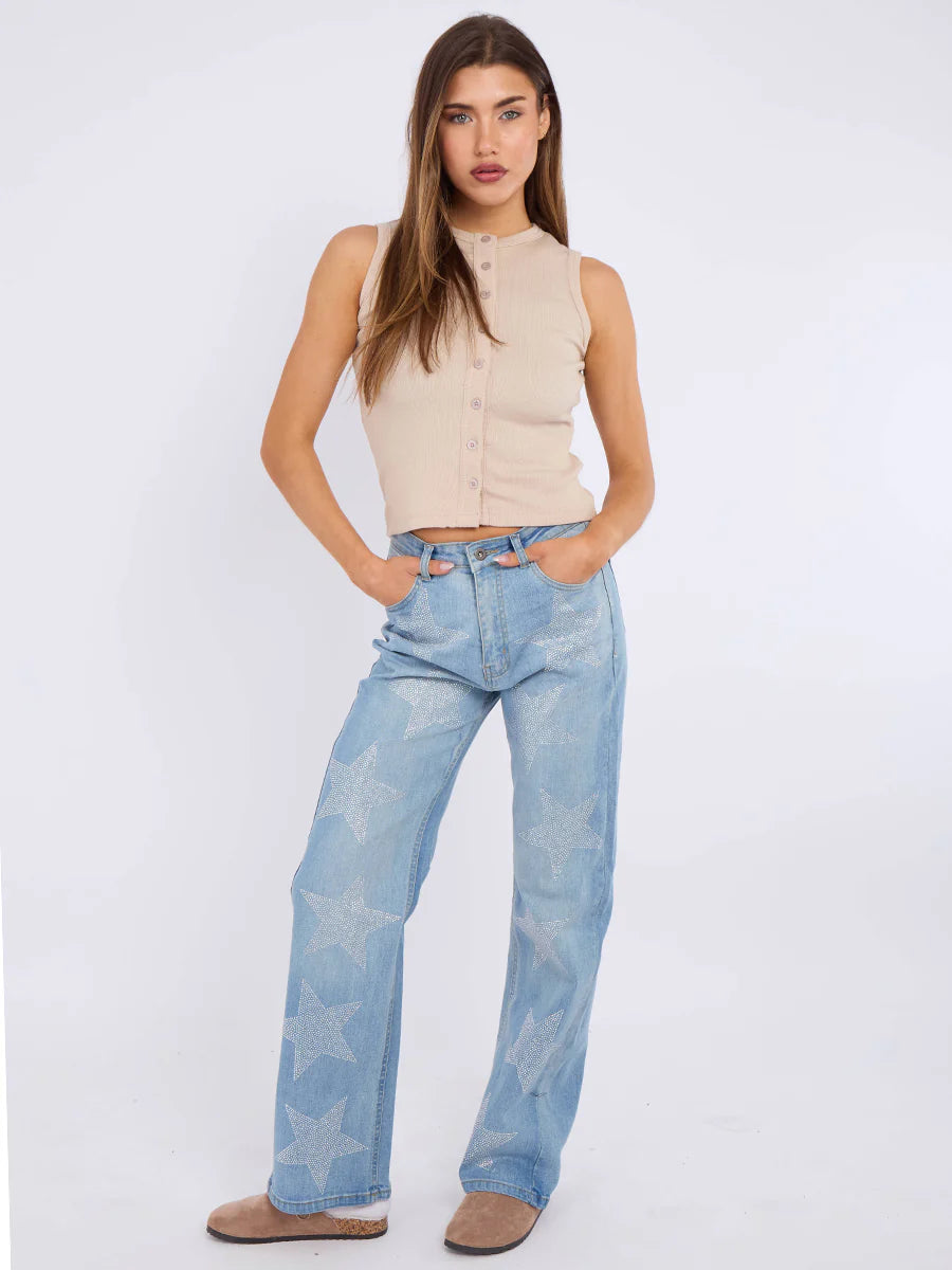 Wide Leg Diamante Denim Star Jeans