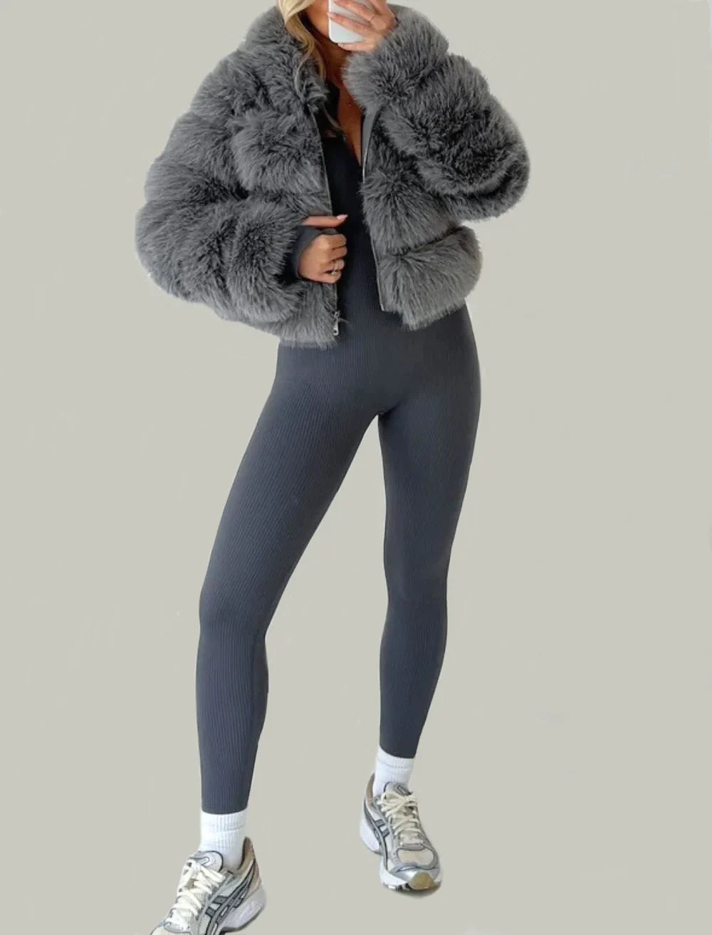 Taupe Faux Fur Hooded Jacket