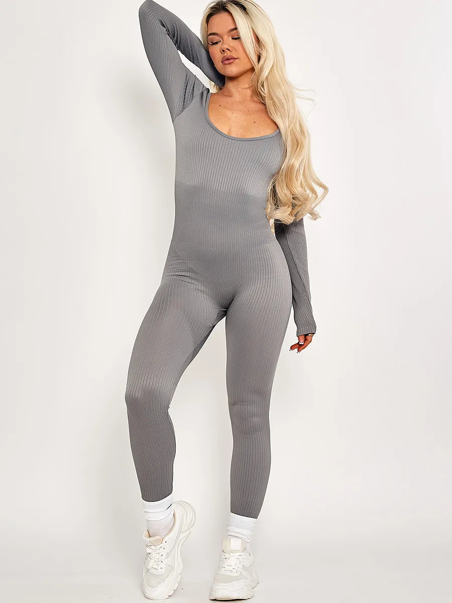 Grey Long Sleeve Ribbed Basic Jumpsuit