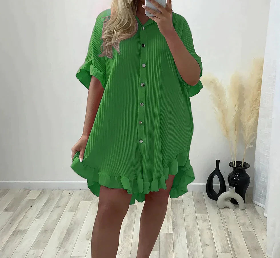 Green Gold Button Pleated Frill Swing Smock Mini Dress