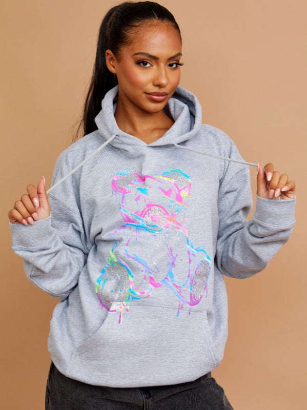 Grey Colour Drip Teddy Graphic Print Hoodie