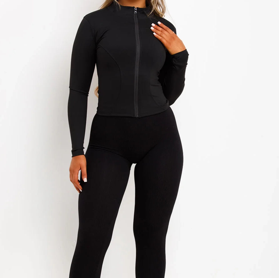 Black long sleeve zip up gym top sale